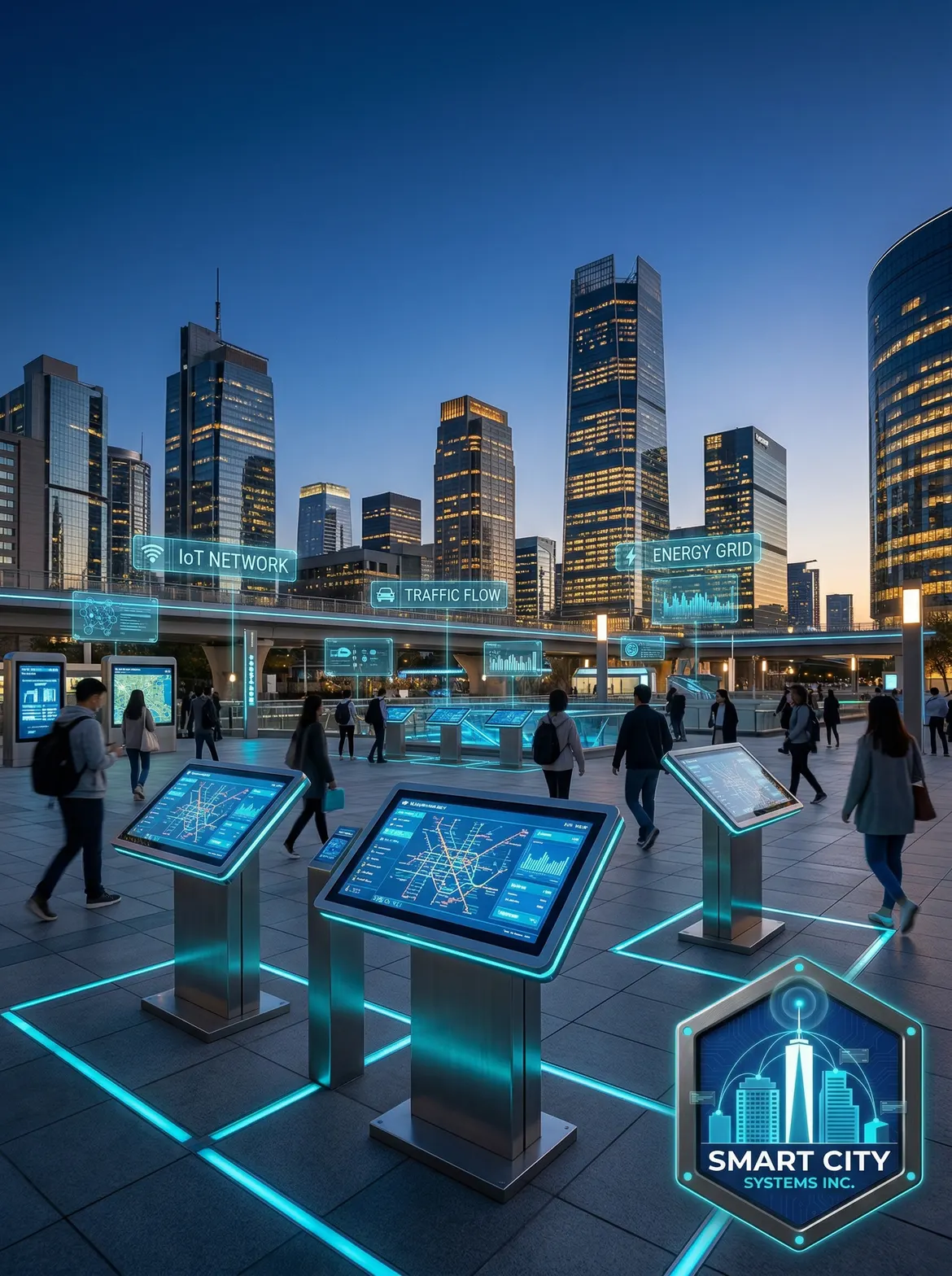 Connected plaza with interactive kiosks